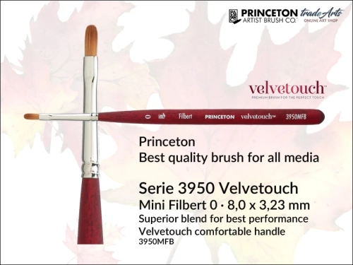 Pędzel akwarelowy płaski Princeton 3950 Velvetouch Mini Filbert 0, pędzel do farb akrylowych płaski Princeton Velvetouch 3950 Mini Filbert 0, pędzel uniwersalny płaski Princeton Velvetouch Mini Filbert 0, pędzle płaskie Velvetouch,