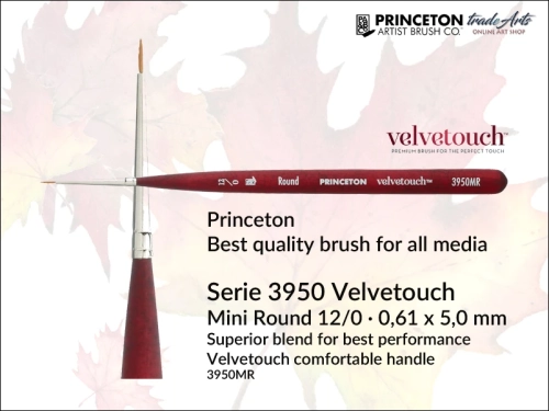 Pędzel akwarelowy okrągły Princeton 3950 Velvetouch Mini Round 12/0, pędzel do farb akrylowych okrągły Princeton Velvetouch 3950 Mini Round 12/0, pędzel uniwersalny okrągły Princeton Velvetouch Mini Round 0, pędzle okrągłe Velvetouch,