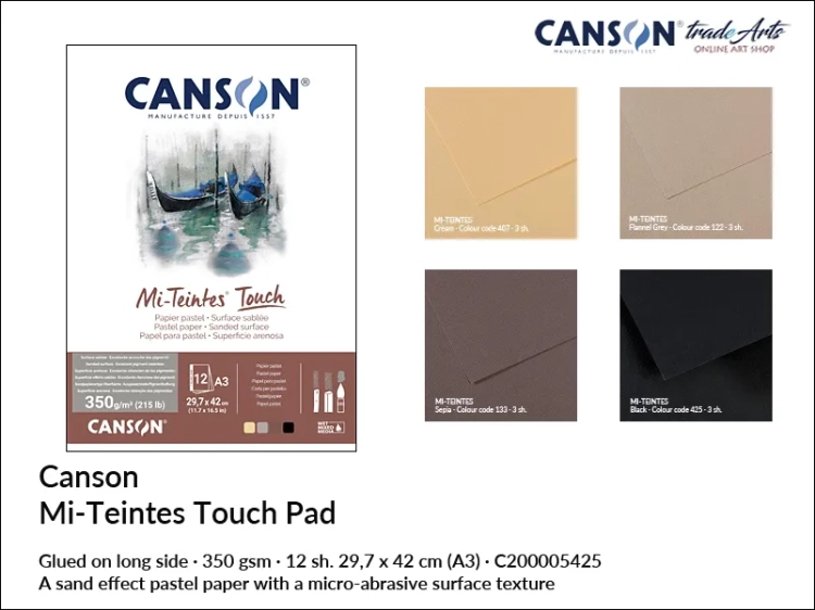 Canson Mi-Teintes Touch 350 gsm Glued Pad A3, blok klejony Mi-Teintes Touch do pasteli i rysunku, Mi-Teintes Touch A3, Mi-Teintes Touch blok klejony do rysunku i szkicu, bloki kolorowe Mi-Teintes, pastele suche, szkicowanie, rysunek,