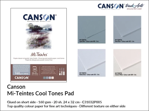 Canson Mi-Teintes Cool Tones 160 gsm Glued  Pad 24x32 cm, blok klejony  Cool Tones do pasteli i rysunku Mi-Teintes 24x32 cm, Mi-Teintes blok klejony Cool Tones do rysunku i szkicu, bloki kolorowe Mi-Teintes, pastele suche, szkicowanie, rysunek,