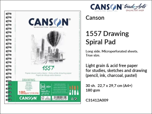 Canson 1557 Drawing 180 gsm A4+ Spiral Long Side Pad, Canson 1557 spirala długi bok do rysunku 180 gsm A4+, blok do rysunku spirala długi bok 1557 Canson 180 gsm, bloki spirala do rysunku, bloki, szkic, rysunek, Canson, szkicowanie, tradearts,