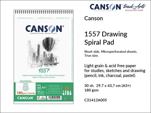 Canson 1557 Drawing 180 gsm A3+ Spiral Short Side Pad, Canson 1557 spirala krótki bok do rysunku 180 gsm A3+, blok do rysunku spirala krótki bok 1557 Canson 180 gsm, bloki spirala do rysunku, bloki, szkic, rysunek, Canson, szkicowanie, tradearts,