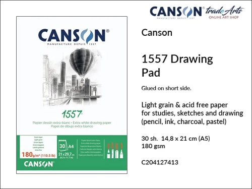 Canson 1557 Drawing 180 gsm A5 Glued Pad, Canson 1557 blok klejony do rysunku 180 gsm A5, blok do rysunku klejony 1557 Canson 180 gsm, bloki klejone do rysunku, bloki, szkic, rysunek, Canson, szkicowanie, tradearts,