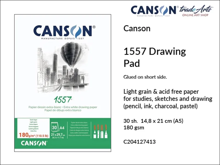 Canson 1557 Drawing 180 gsm A5 Glued Pad, Canson 1557 blok klejony do rysunku 180 gsm A5, blok do rysunku klejony 1557 Canson 180 gsm, bloki klejone do rysunku, bloki, szkic, rysunek, Canson, szkicowanie, tradearts,