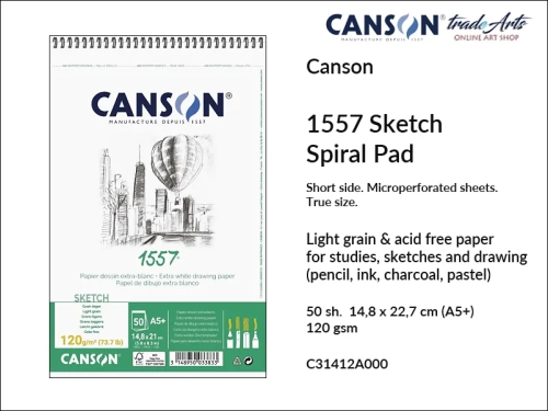 Canson 1557 Sketching 120 gsm A5+ Spiral Pad, Canson 1557 blok na spirali do szkicu 120 gsm A5+, blok do szkicowania na spirali 1557 Canson 120 gsm, bloki na spirali do szkicu, bloki do rysunku, szkic, rysunek, Canson, szkicowanie, tradearts,