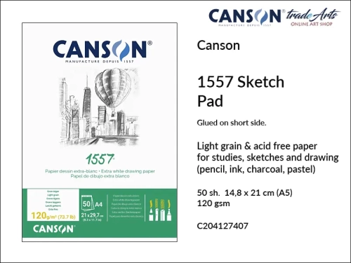 Canson 1557 Sketching 120 gsm A5 glued, Canson 1557 blok klejony do szkicu 120 gsm A5, blok do szkicowania 1557 Canson 120 gsm, bloki klejone do szkicu, bloki do rysunku, szkic, rysunek, Canson, szkicowanie, tradearts,