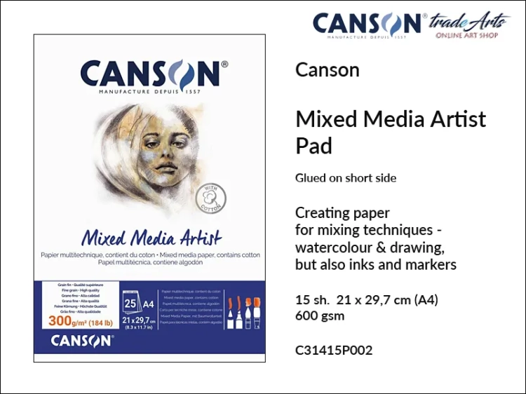 Canson Mixed Media Artist Fine Grain A4 600 gsm Pad, blok to technik mieszanych A4 600 gsm Canson Mixed Media Artist, bloki do technik mieszanych Canson, Canson Mixed Media Artist blok 21x29,7 cm  do technik mieszanych, techniki mieszane, bloki, Canson,