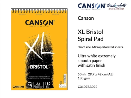 Canson XL Bristol Spiral Short Side Pad A3, Canson  XL Bristol  blok do rysunku spirala krótki bok  A3, blok rysunkowy na spirali A3 Canson XL Bristol, bloki do rysunku i szkicu A3 spirala Canson Bristol, rysunek, bloki, bloki do szkicu, tradearts,