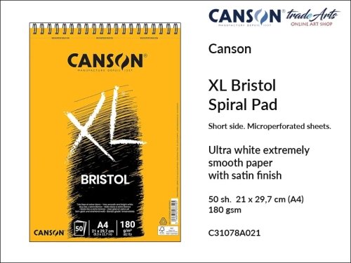 Canson XL Bristol Spiral Short Side Pad A4, Canson  XL Bristol  blok do rysunku spirala krótki bok  A4, blok rysunkowy na spirali A4 Canson XL Bristol, bloki do rysunku i szkicu A4 spirala Canson Bristol, rysunek, bloki, bloki do szkicu, tradearts,