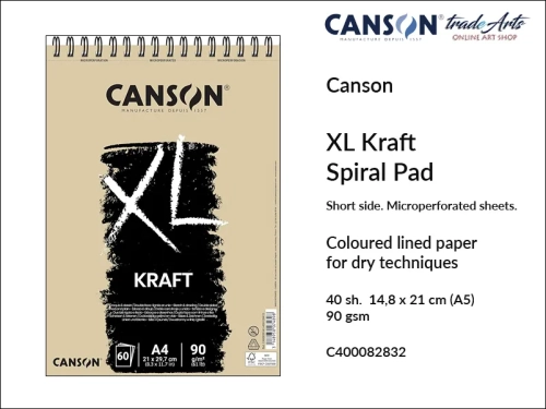 Canson XL Kraft Spiral Pad A5, Canson  XL Kraft blok do rysunku spirala A5, blok rysunkowy na spirali A5 Canson XL Kraft, bloki do rysunku i szkicu A5 spirala Canson Kraft, rysunek, bloki, bloki do szkicu, tradearts,