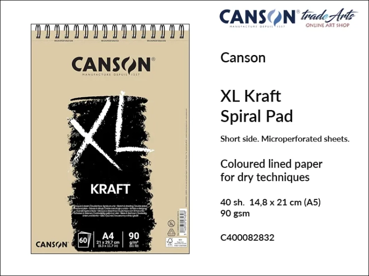 Canson XL Kraft Spiral Pad A5, Canson  XL Kraft blok do rysunku spirala A5, blok rysunkowy na spirali A5 Canson XL Kraft, bloki do rysunku i szkicu A5 spirala Canson Kraft, rysunek, bloki, bloki do szkicu, tradearts,