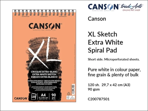 Canson XL Sketching Extra White Spiral Short Side Pad A3, Canson  XL Sketching Extra White blok do rysunku spirala krótki bok A3, blok do szkicu na spirali krótki bok A3 Canson XL Sketching Extra White, bloki do rysunku i szkicu A3 spirala Canson