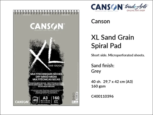 Canson XL Sand Grain Grey Spiral Short Side Pad A3, Canson  XL Sand Grain Grey blok do rysunku spirala krótki bok A3, blok do szkicu na spirali krótki bok A3 Canson XL Sand Grain, bloki do rysunku i szkicu A3 spirala Canson, rysunek, bloki do szkicu,