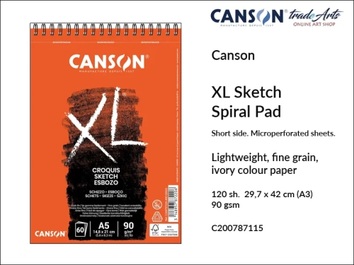 Canson XL Sketching Spiral Short Side Pad A3, Canson  XL Sketching blok do rysunku spirala krótki bok A3, blok do szkicu na spirali krótki bok A3 Canson XL Sketching, bloki do rysunku i szkicu A3 spirala Canson, rysunek, bloki, bloki do szkicu,