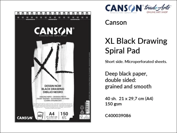 Canson XL Black Drawing Spiral Pad A4, Canson  XL Black Drawing blok do rysunku czarny spirala A4, blok rysunkowy czarny na spirali A4 Canson XL Black Drawing, bloki do rysunku i szkicu A4 spirala Canson, rysunek, bloki, bloki do szkicu, tradearts,