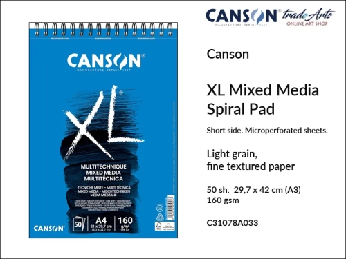 Canson XL Mixed Media Spiral Pad A3, Canson  XL Mixed Media blok do technik mokrych spirala A3, blok do technik mokrych na spirali A3 Canson XL Mixed Media, bloki do technik mieszanych A3 spirala Canson, akryle, bloki, bloki do akwareli, tradearts,