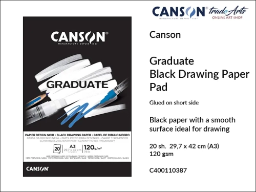 Canson Graduate Drawing Black Glued Pad A3, Canson  Graduate Drawing Black blok do rysunku czarny klejony A3, blok do rysunku czarny klejony A3 Canson Graduate Drawing Black, bloki do rysunku i szkicu A3 klejone Canson Drawing Black, rysunek,