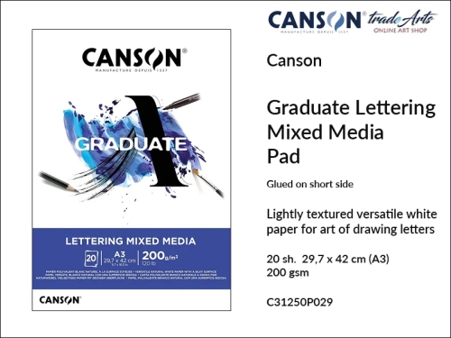 Canson Graduate Lettering Mixed Media Glued Pad A3, Canson Graduate Lettering blok do liternictwa klejony A3, blok do liternictwa klejony A3 Canson Lettering Mixed Media, bloki do liternictwa i grafiki A3 klejony Canson Lettering, liternictwo,