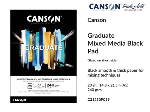 Canson Graduate Mixed Media Black Glued Pad A5, Canson Graduate Mixed Media Black blok do technik mokrych klejony A5, blok do technik suchych klejony A5 Canson Graduate Mixed Media Black, bloki do technik mieszanych A5 klejony Canson,