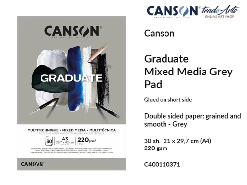 Canson Graduate Mixed Media Grey Glued Pad A4, Canson Graduate Mixed Media Grey blok do technik mokrych klejony A4, blok do technik suchych klejony A4 Canson Graduate Mixed Media Grey, bloki do technik mieszanych A4 klejony Canson,