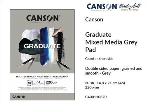 Canson Graduate Mixed Media Grey Glued Pad A5, Canson Graduate Mixed Media Grey blok do technik mokrych klejony A5, blok do technik suchych klejony A5 Canson Graduate Mixed Media Grey, bloki do technik mieszanych A5 klejony Canson,