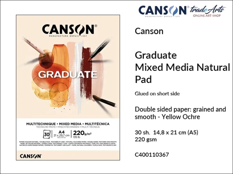 Canson Graduate Mixed Media Natural Glued Pad A5, Canson Graduate Mixed Media Natural blok do technik mokrych klejony A5, blok do technik suchych klejony A5 Canson Graduate Mixed Media Natural, bloki do technik mieszanych A5 klejony Canson,