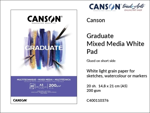 Canson Graduate Mixed Media White Glued Pad A5, Canson Graduate Mixed Media White blok do technik mokrych klejony A5, blok do technik suchych klejony A5 Canson Graduate Mixed Media White, bloki do technik mieszanych A5 klejony Canson,