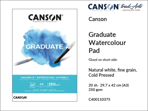 Canson Graduate Watercolour Glued Pad A3, Canson  Graduate Watercolour blok akwarelowy klejony A3, blok akwarelowy klejony A3 Canson Graduate Watercolour, bloki akwarelowe A3 klejone Canson, akwarela, bloki, bloki akwarelowe, tradearts,