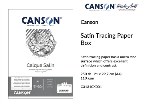 Canson Satin Tracing Paper 110 gsm Box 250 sh. A4, Canson kalka kreślarska satynowa 110 gsm pudełko A4 250 ark., kalka kreślarska satynowa 110 gsm A4 pudełko 250 ark Canson, kalka kreślarska Canson, kalka satynowa kreślarska 250 ark., kalka,