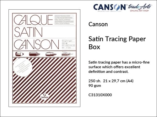 Canson Satin Tracing Paper 90 gsm Box 250 sh. A4, Canson kalka kreślarska satynowa 90 gsm pudełko A4 250 ark., kalka kreślarska satynowa 90 gsm A4 pudełko 250 ark Canson, kalka kreślarska Canson, kalka satynowa kreślarska 250 ark., kalka techniczna,