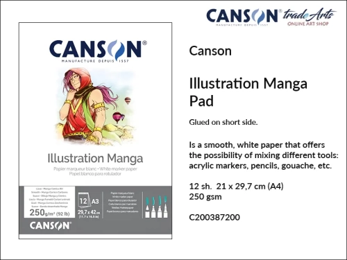 Canson Illustration Manga Glued Pad A4, Canson Illustration Manga klejony krótki bok blok  A4, blok A4 klejony krótki bok Canson Illustration Manga, bloki do obrazów Canson Illustration, manga pisaki, tusz, atrament, obrazy, grafika,