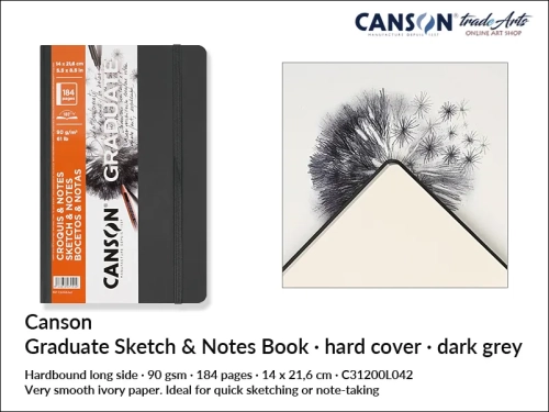 Canson Graduate Dark Grey Sketch Hardbound Book, książka Canson Graduate Dark Grey szyta szkicu, book do szkicu Canson Graduate Dark Grey Hardbound, szkicownik Canson Graduate Dark Grey Hardbound Book, szkicowanie, rysowanie, kredka,