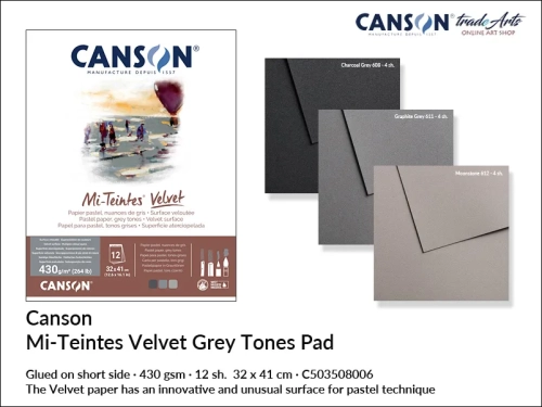 Canson Mi-Teintes Velvet Grey Tones 430 gsm 32x41 cm, blok do pasteli suchych Grey Tones Canson Mi-Teintes Velvet, blok do pasteli miękkich 32x41 cm Grey Tones Mi-Teintes Velvet, blok 430 gsm do pasteli suchych Canson, Mi-Teintes Velvet, pastele,