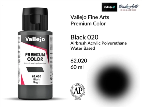 Vallejo Premium Airbrush Color farby akrylowe do aerografów, Vallejo Premium Airbush Color farba do aerografów Black 020, farby do aerografów, farby akrylowe płynne Premium Airbrush Color, aerograf, farby akrylowe w płynie,