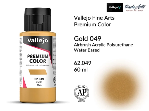 Vallejo Premium Airbrush Color farby metaliczne do aerografów, Vallejo Premium Airbush Color farba do aerografów Gold 049, farby do aerografów metaliczne, farby Premium Airbrush Color, aerograf, farby akrylowe płynne,