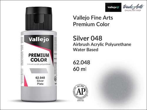Vallejo Premium Airbrush Color farby metaliczne do aerografów, Vallejo Premium Airbush Color farba do aerografów Silver 048, farby do aerografów metaliczne, farby Premium Airbrush Color, aerograf, farby akrylowe płynne,