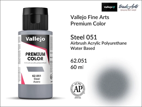 Vallejo Premium Airbrush Color farby metaliczne do aerografów, Vallejo Premium Airbush Color farba do aerografów Steel 051, farby do aerografów metaliczne, farby Premium Airbrush Color, aerograf, farby akrylowe płynne,