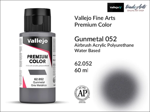 Vallejo Premium Airbrush Color farby metaliczne do aerografów, Vallejo Premium Airbush Color farba do aerografów Gunmetal 052, farby do aerografów metaliczne, farby Premium Airbrush Color, aerograf, farby akrylowe płynne,