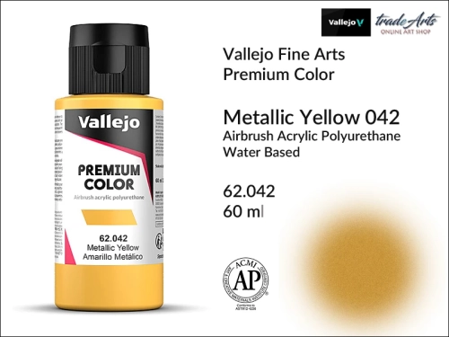 Vallejo Premium Airbrush Color farby metaliczne do aerografów, Vallejo Premium Airbush Color farba do aerografów Metallic Yellow 042, farby do aerografów metaliczne, farby Premium Airbrush Color, aerograf, farby akrylowe płynne,