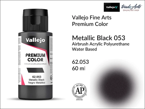 Vallejo Premium Airbrush Color farby metaliczne do aerografów, Vallejo Premium Airbush Color farba do aerografów Metallic Black 053, farby do aerografów metaliczne, farby Premium Airbrush Color, aerograf, farby akrylowe płynne,
