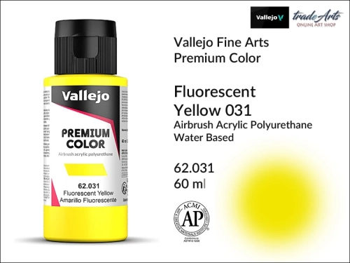 Vallejo Premium Airbrush Color farby fluorescencyjne do aerografów, Vallejo Premium Airbush Color farba do aerografów Yellow Fluo 031, farby do aerografów fluorescencyjne, farby Premium Airbrush Color, aerograf, farby akrylowe płynne,