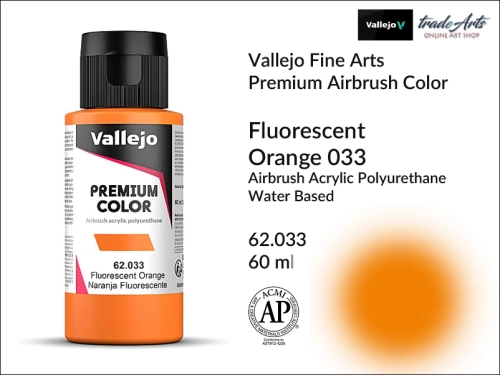 Vallejo Premium Airbrush Color farby fluorescencyjne do aerografów, Vallejo Premium Airbush Color farba do aerografów Orange Fluo 033, farby do aerografów fluorescencyjne, farby Premium Airbrush Color, aerograf, farby akrylowe płynne,