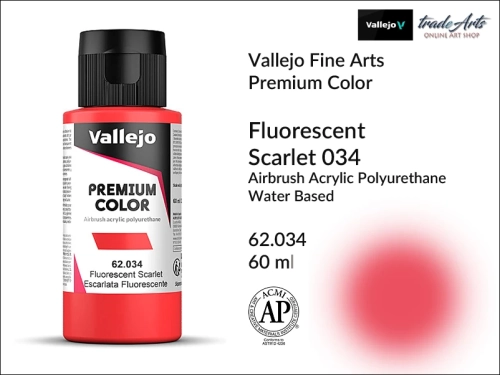 Vallejo Premium Airbrush Color farby fluorescencyjne do aerografów, Vallejo Premium Airbush Color farba do aerografów Scarlet Fluo 034, farby do aerografów fluorescencyjne, farby Premium Airbrush Color, aerograf, farby akrylowe płynne,