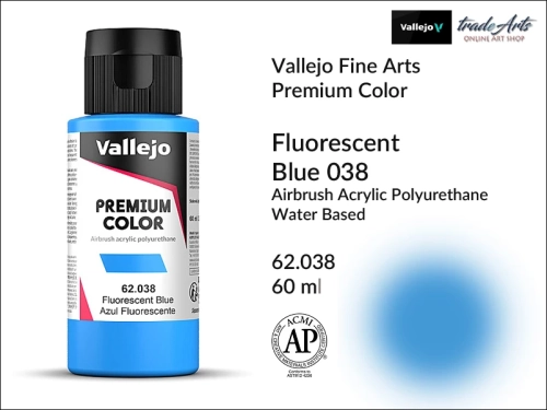 Vallejo Premium Airbrush Color farby fluorescencyjne do aerografów, Vallejo Premium Airbush Color farba do aerografów Blue Fluo 038, farby do aerografów fluorescencyjne, farby Premium Airbrush Color, aerograf, farby akrylowe płynne,