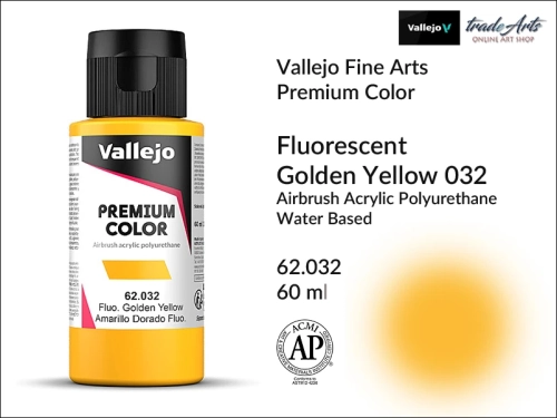 Vallejo Premium Airbrush Color farby fluorescencyjne do aerografów, Vallejo Premium Airbush Color farba do aerografów Golden Yellow Fluo 032, farby do aerografów fluorescencyjne, farby Premium Airbrush Color, aerograf, farby akrylowe płynne,