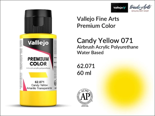 Vallejo Premium Airbrush Color Candy Yellow 071, Vallejo Premium Airbush Color farba do aerografów Candy Yellow 071, farby do aerografów Candy, farby Premium Airbrush Color Candy, aerograf, farby akrylowe płynne,
