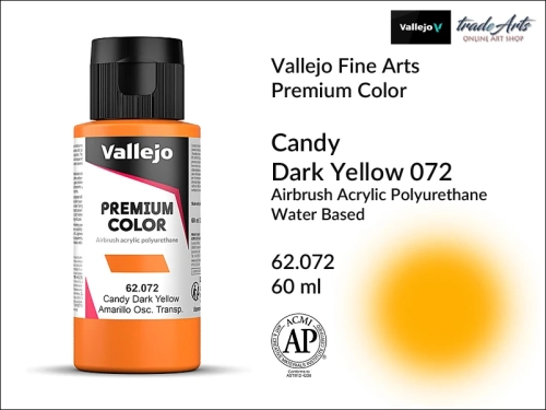 Vallejo Premium Airbrush Color Candy Dark Yellow 072, Vallejo Premium Airbush Color farba do aerografów Candy Dark Yellow 072, farby do aerografów Candy, farby Premium Airbrush Color Candy, aerograf, farby akrylowe płynne,