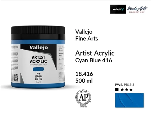 Farba akrylowa 500 ml Cyan Blue 416 Vallejo Acrylic Artist Color, Vallejo Acrylic Artist Color farby akrylowe 500 ml, farba akrylowa Artist Color Acrylicos Vallejo, farby akrylowe, farby akrylowe Vallejo, tradearts,