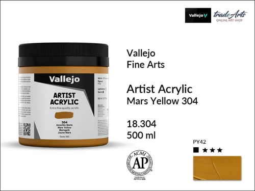 Farba akrylowa 500 ml Mars Yellow 304 Vallejo Acrylic Artist Color, Vallejo Acrylic Artist Color farby akrylowe 500 ml, farba akrylowa Artist Color Acrylicos Vallejo, farby akrylowe, farby akrylowe Vallejo, tradearts,