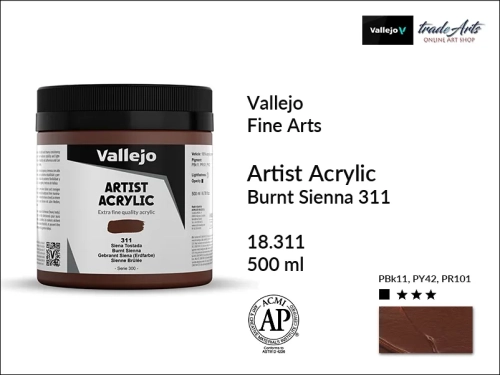 Farba akrylowa 500 ml Burnt Sienna 311 Vallejo Acrylic Artist Color, Vallejo Acrylic Artist Color farby akrylowe 500 ml, farba akrylowa Artist Color Acrylicos Vallejo, farby akrylowe, farby akrylowe Vallejo, tradearts,
